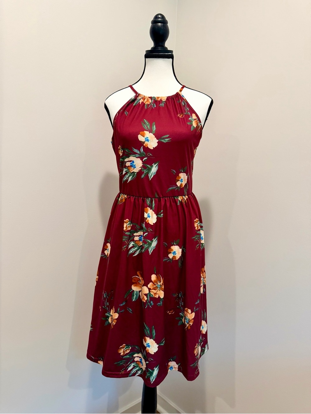 Slig Burgundy Floral Halter Neck Dress Pockets Size Medium